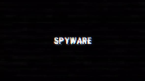 Spyware glitch text with noise and vhs background