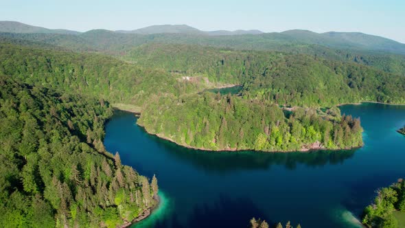 Plitvice Lakes National Park, Croatia. Drone Aerial View of Majestic Landscape on Sunny Summer Day