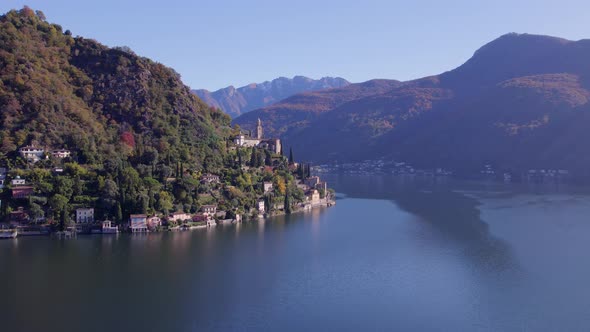 Flying Towards Morcote Municipality of Switzerland on the Shores of Lake Lugano