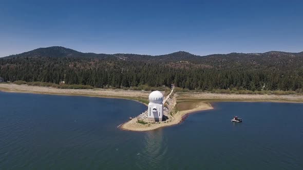 Drone whirls above Big Bear Solar observatory, Big Bear Lake, California, USA
