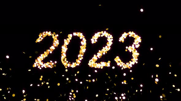 Text 2023 appearing from golden confetti explosion alt