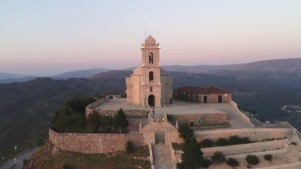 Senhora da Graca church drone aerial view in Mondim de Basto landscape at sunset, in Portugal