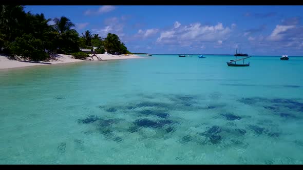 Aerial tourism of tranquil coastline beach lifestyle by blue sea with white sand background of a day