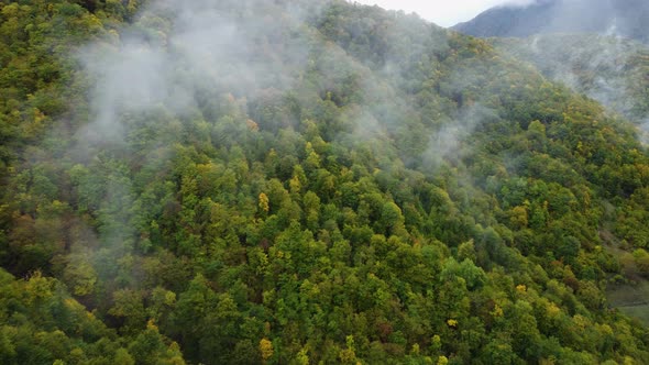 Misty Autumn Mountain Aerial View