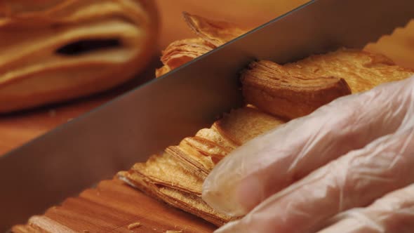Macro plan of cutting puff pastry baking