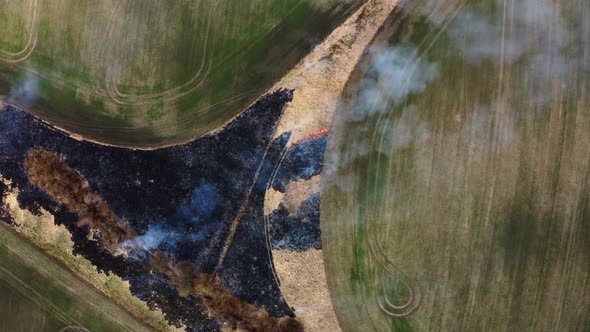 Epic aerial view of Wildfire. Flying above burnt field. Environmental issues. Top view of Fire