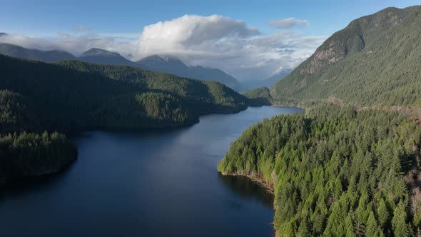 Aerial video of Buntzen Lake in Port Moody BC near Vancouver Canada in the Pacific Northwest in 4K