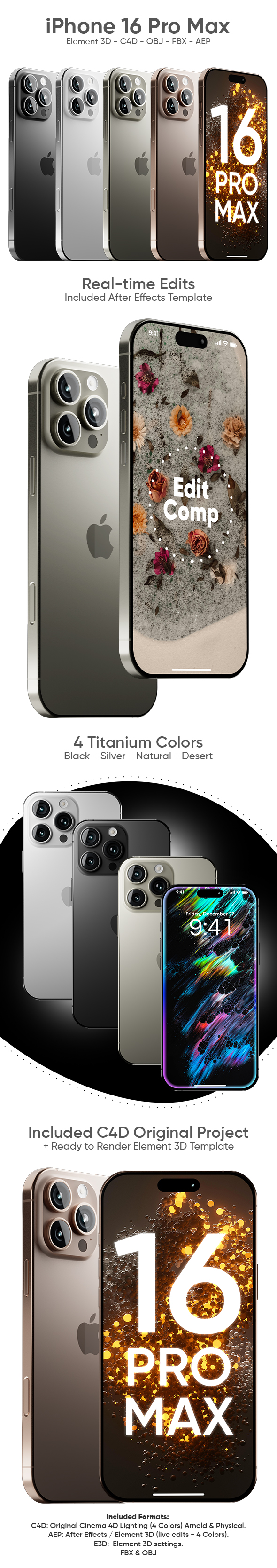 iPhone 16 Pro Max 3D Model for Element 3D & Cinema 4D