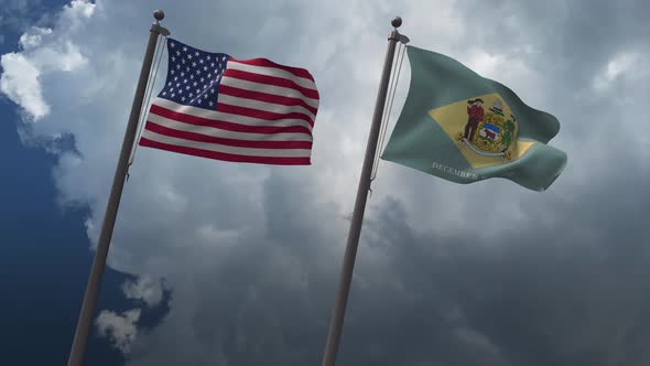 Waving Flags Of The United States And Delaware State Flag 4K