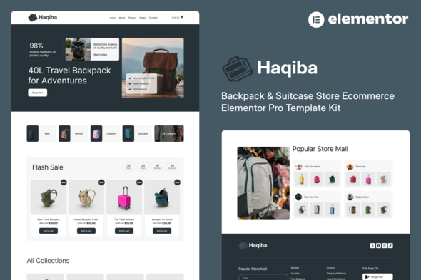 Haqiba - Backpack & Suitcase Store Ecommerce Elementor Pro Template Kit