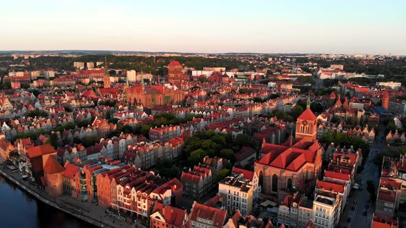 Gdansk, Poland, Flying Above the Old City By Motlawa River, Cathedral, Town Hall During Sunset