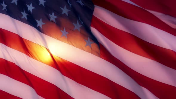 Close Up American Flag Waving on Golden Sunset in Slow Motion 4Th of July Shot