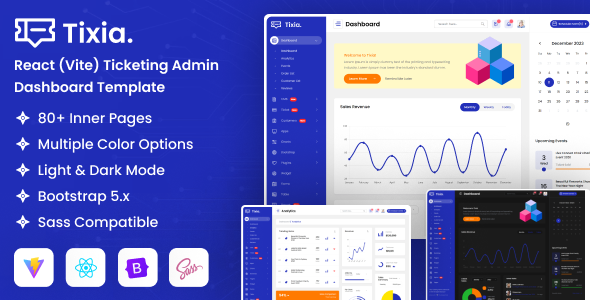 Tixia – React (Vite) Ticketing Admin Dashboard Template – 0 Sold!