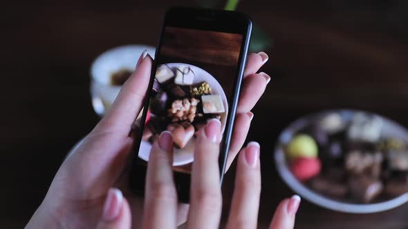 Food Photography. Woman Photographing Coffee On Phone Closeup