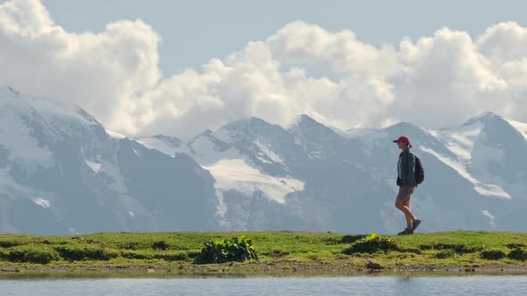 Woman Hiking Near Koruldi Lakes in Caucasus Mountains Svaneti Region Georgia