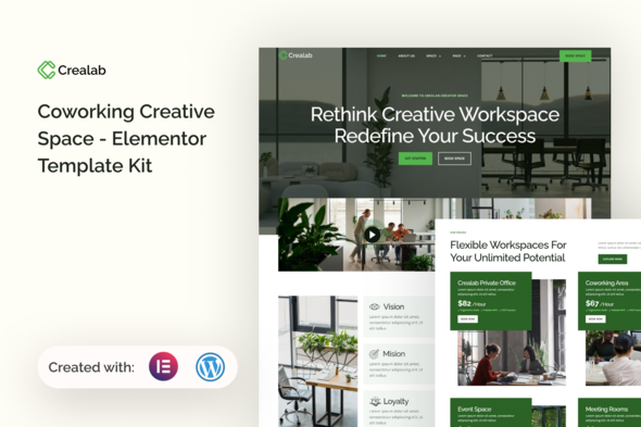 Crealab – Coworking Creative Space Elementor Template Kit – 0 Sold!