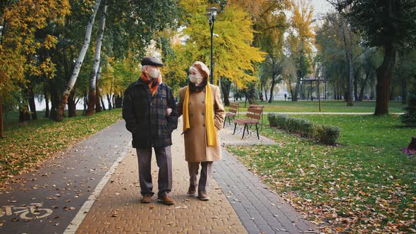 Retired Couple Grandparents in Protective Masks are Talking During a Walk in Autumn Park Coronavirus