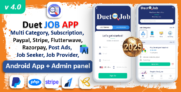 Duet JOB App | JOB Listing App | Payment Gateways | Membership Plan | Ads Integrated | Admin Panel