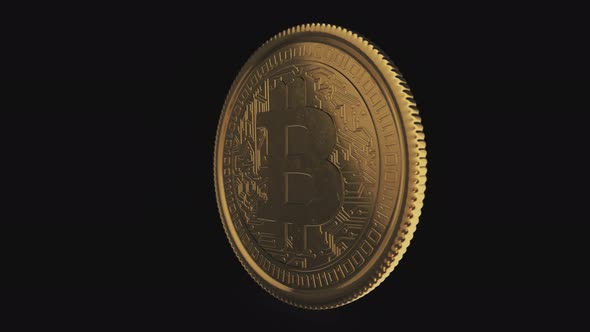 Video Animation of a Golden Rotating Bitcoin Over Dark Reflecting Background