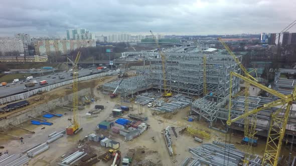 Construction Site with Steel Structures in Moscow, Aerial View alt