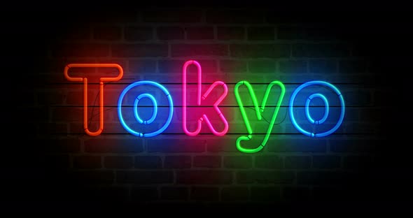 Tokyo symbol neon on brick wall loop