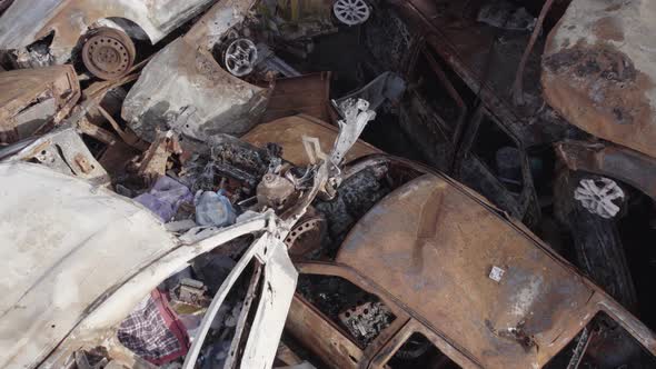 War in Ukraine a Dump of Burned Cars in Irpin Bucha District