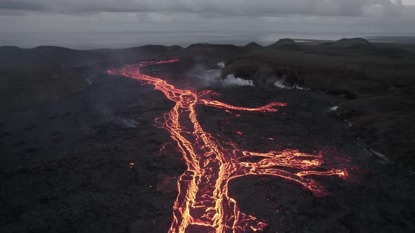 Drone Over Flowing River Of Molten Lava