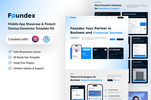 Foundex – Mobile App Showcase & Fintech Startup Elementor Template Kit – 0 Sold!