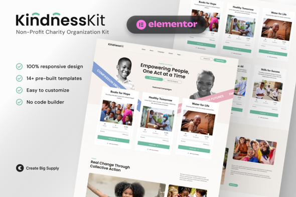 KindnessKit – Non-Profit & Charity Elementor Template Kit – Donation & Fundraising – 0 Sold!