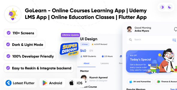 GoLearn - Online Courses Learning App | Udemy | LMS App | Online Education Classes | Flutter UI App