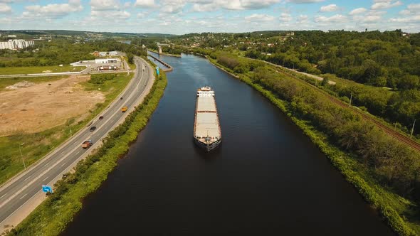 Aerial view:Barge on the River.