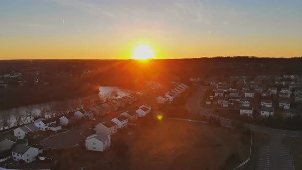 Panoramic View of View at Sunset From the Height Roofs Small Town of Houses of Bird Flight NJ US