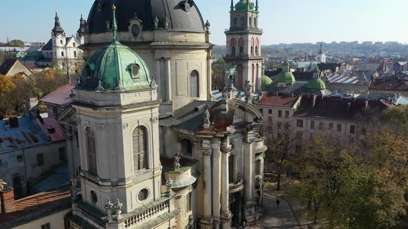 Aerial Video of Dominican Church in Central Part of Old City of Lviv, Ukraine