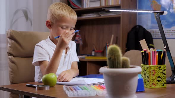 A Small Child Does Homework at Home He Sits at a Desk and Writes in a Notebook