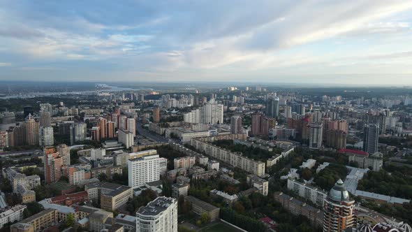 Aerial Shot The City Kyiv Sunset