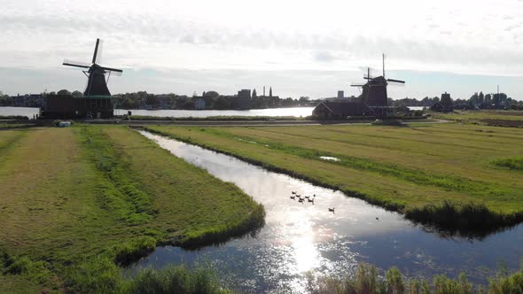 Aerial Windmills at the Zaanse Schans, Amsterdam, Netherlands