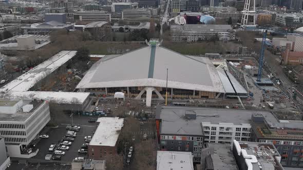 Extremely wide aerial of the Seattle Climate Pledge Arena.