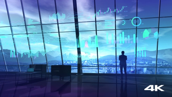 A Male Figure Stands In An Office With Windows Over The Mountains HD