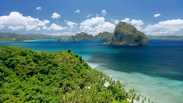 Aerial Drone Shot of Remote Coastline of Bacuit Bay