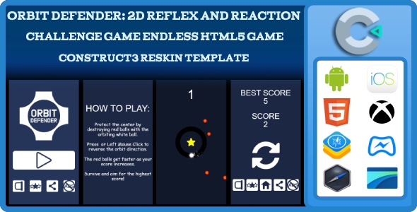 Orbit Defender: 2D Reflex And Reaction Challenge Game Endless Html5 Game Construct3 reskin Template