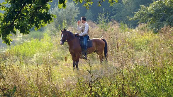 American Cowboy on Horseback on a Forest Lawn