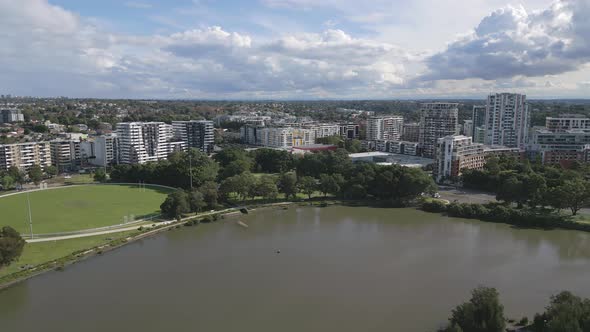 Aerial view of Sydney Suburb, Wolli Creek, NSW Australia. Pan to the right.