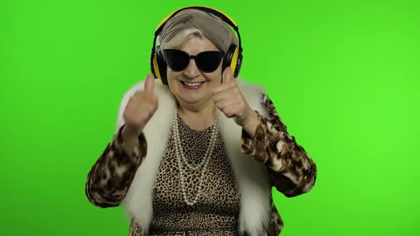 Elderly Grandmother. Caucasian Woman. Dance, Celebrate, Listen Music. Chroma Key