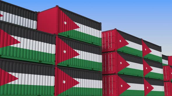 Container Yard Full of Containers with Flag of Jordan