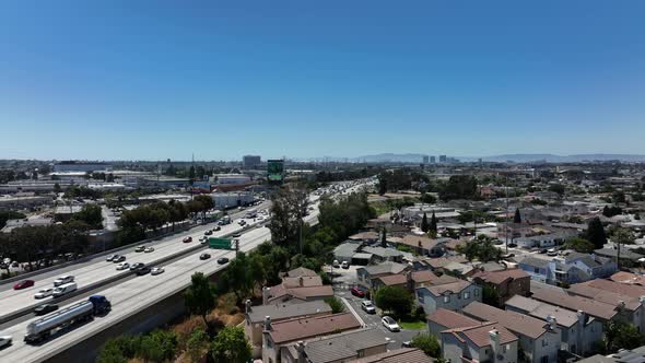 4K : Aerial Urban Residential With Interstate In Background