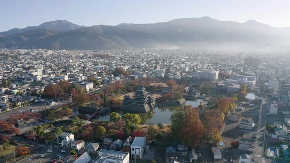 Aerial View 4k by drone of Matsumoto Castle in Matsumoto city