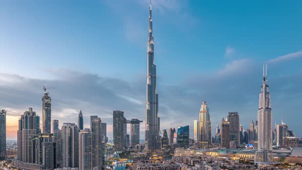 Dubai Downtown Skyline Day to Night Timelapse with Burj Khalifa and Other Towers Paniramic View From