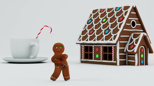 Gingerbread Man Dancing Near a Gingerbread House and a alt