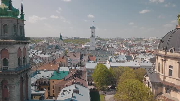 Lvov, Ukraine. Aerial City Lviv, Ukraine. Panorama of the Old Town. Dominican