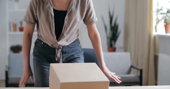 Young Home Wife African American Woman Enters Room, Carries Parcel From Post Office, Box with Order